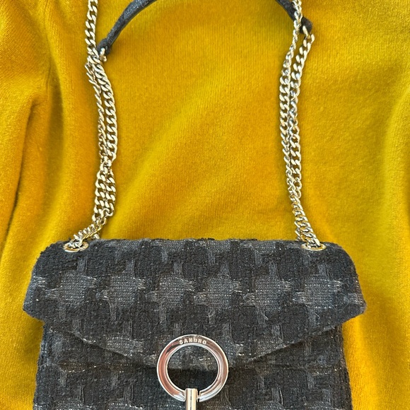 Sandro Paris Black Tweed Shoulder Bag with Silver Chain - Picture 1 of 4